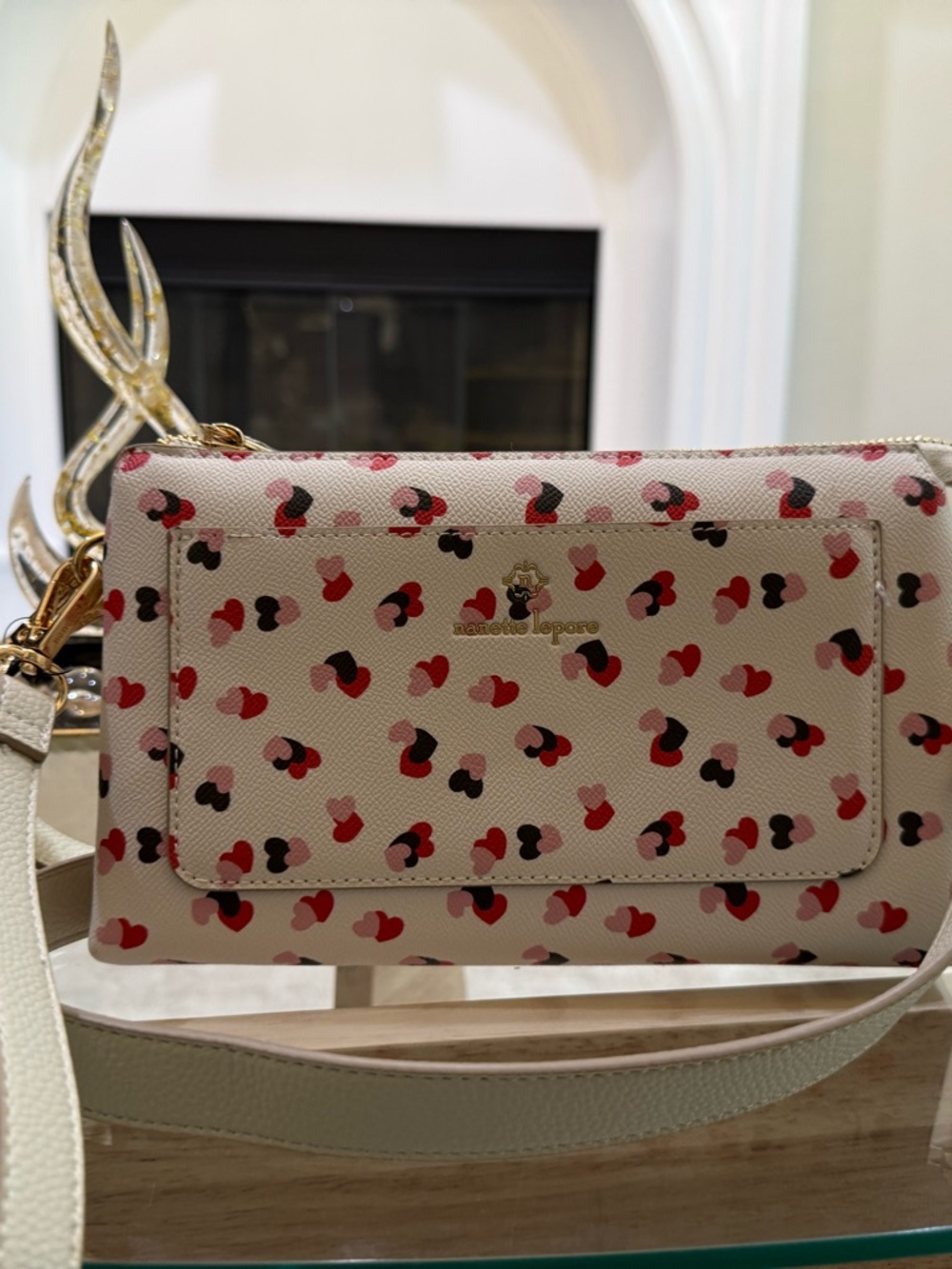 Nanette Lepore Cream Heart-Print Crossbody with Red Pink Black Hearts - Picture 3 of 11